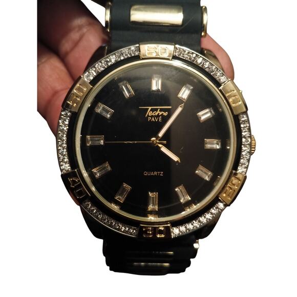 Men's Gold/Bling Finish Techno Pave No. 8321 Black Silicon Band Watch New - Picture 2 of 6